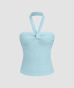 Ruched Halter Crop Top in Powder Blue