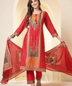 Red Color Printed Silk Embroidered Suit Set