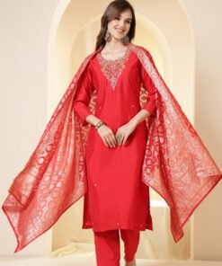 Red Color Silk Neck Embroidered Suit Set