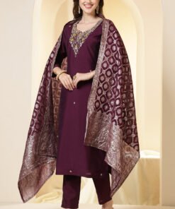 Wine Color Silk Neck Embroidered Suit Set