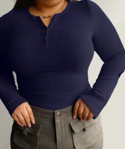 Navy Blue Ribbed Long Sleeve Henley Top Curve & Plus