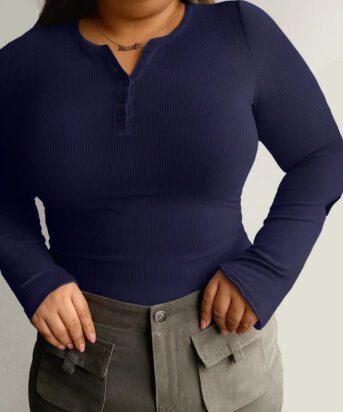 Navy Blue Ribbed Long Sleeve Henley Top Curve & Plus