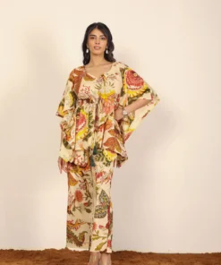 Stylish Beige Floral Printed Cotton Two Piece Co-ord Set