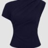 One Shoulder Ruched Asymmetrical Top in Dark Navy Blue