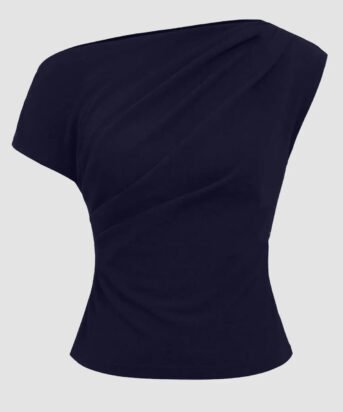 One Shoulder Ruched Asymmetrical Top in Dark Navy Blue