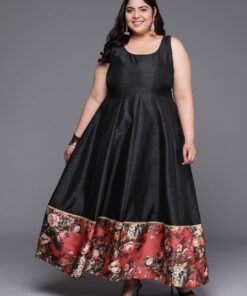 Women's Black Poly Silk Printed Round Neck Gown