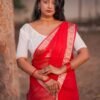 Women's Red Organza Self Design Saree