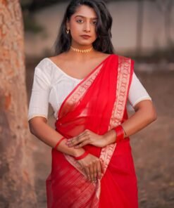 Women's Red Organza Self Design Saree