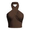 Cross-Folded Neckline Halter Backless Top in Chocolate Fondae