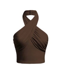 Cross-Folded Neckline Halter Backless Top in Chocolate Fondae