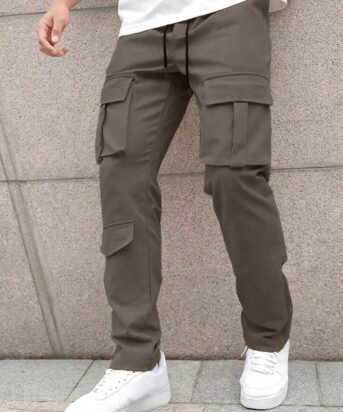 Men Solid Color Front Tie Pocket Simple Casual Straight Leg Cargo Pants