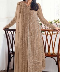 Women's Beige Embroidered Georgette Semi-Stitched Pakistani Salwar Suit