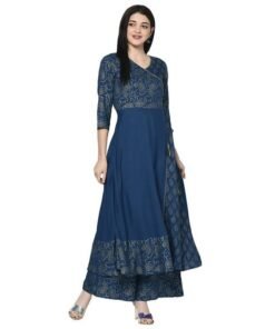Women's Blue Rayon Foil print Angrakha Anarkali Palazzo Set