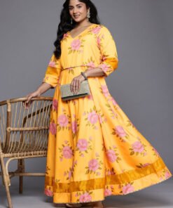 Women's Yellow Polyester Printed V-Neck Gown