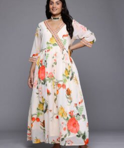 Women's Off White Georgette Printed V-Neck Gown