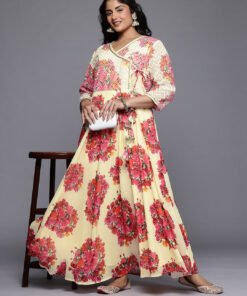 Women's Off White Georgette Printed V-Neck Gown