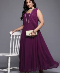 Women's Purple Georgette Printed V-Neck Gown