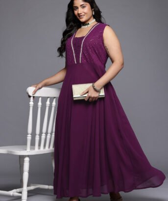 Women's Purple Georgette Printed V-Neck Gown