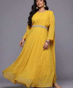 Women's Mustard Georgette Printed Boat Neck Gown