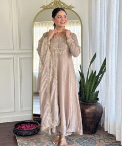 Women's Chiku Embroidery Worked Anarkali Kurta With Pant And Duppata Set