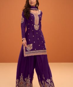 Purple Crepe Silk Zari and Sequins Embroidered Suit With Embroidered Palazzo