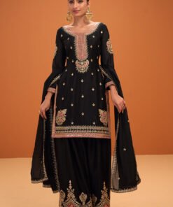 Black Crepe Silk Zari and Sequins Embroidered Suit With Embroidered Palazzo