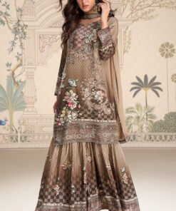 Brown Crepe Silk Mirror And Swarovski Embroidered Printed Suit With Gharara
