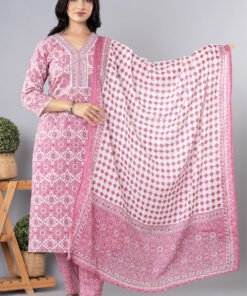 Onion Pink Cotton Floral Printed Suit