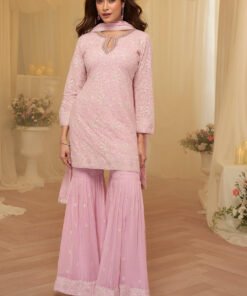 Baby Pink Georgette Embroidered Suit with Embroidered Gharara