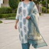 Cream And Blue Hand-Block Printed Cotton Suit