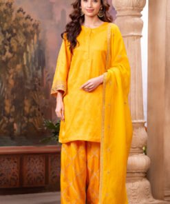 Mustard Zari And Sequins Embroidered Suits With Embroidered Pallazo