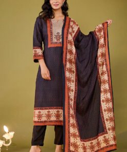 Black Crepe Silk Printed Straight Suit