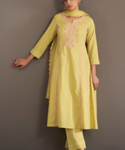 Olive Green Cotton Printed And Embroidered Suit