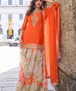 Orange Crepe Silk Zari and Sequins Embroidered Suit With Embroidered Palazzo
