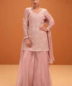 Baby Pink Crepe Silk Cut-Dana and Resham Embroidered Suit with Palazzo