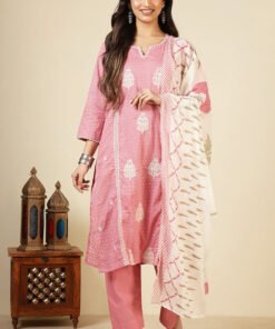Pink Cotton Emboridered And Printed Suit Set