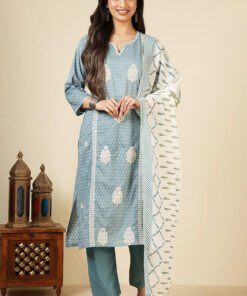Blue Cotton Emboridered And Printed Suit Set