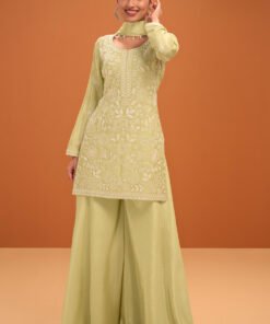 Pista Green Crepe Silk Cut-Dana and Resham Embroidered Suit with Palazzo