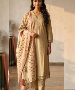 Beige Cotton Embroidered And Lace Work Suit Set