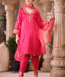 Cherry Red Pure Silk Sequins And Zari Embroiderd Suit Set