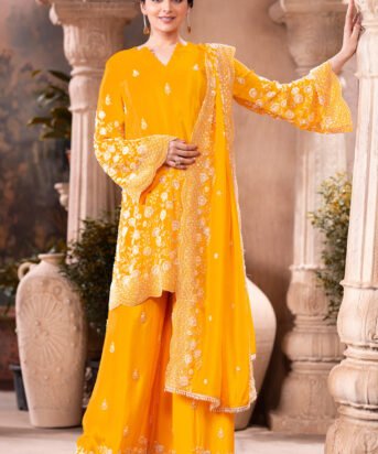 Yellow Pure Silk Floral Embroidered Suits With Embroidered Pallazo