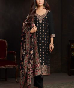 Black Silk Neck Embroidered And Zari Woven Suit With Woven Dupatta Set