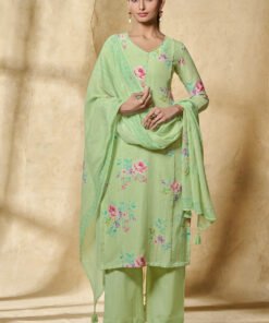 Pista Green Chanderi Cotton Floral Printed Suit Set
