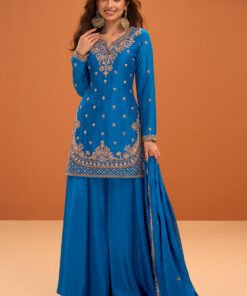 Blue Crepe Silk Cut-Dana And Sequins Embroidered Suit With Palazzo