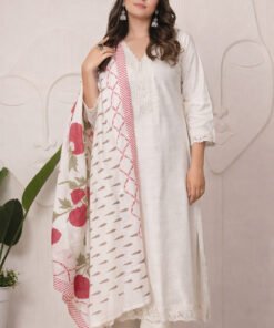 White Cotton Embroidered And Lace Work Suit Set