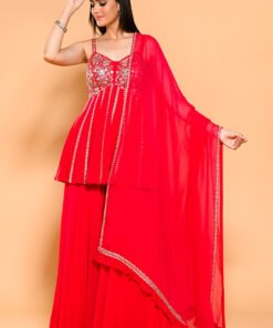 Red Color Embroidered Georgette Peplum Sharara Suit
