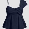Asymmetric One Shoulder Ruffle Peplum Textured Top in Blue