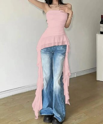 Asymmetrical Cold Shoulder Ruffle Trim Ruched Tube Top In Light Pink