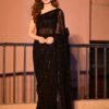Women's Georgette Black Embellished Designer Saree With Blouse Piece