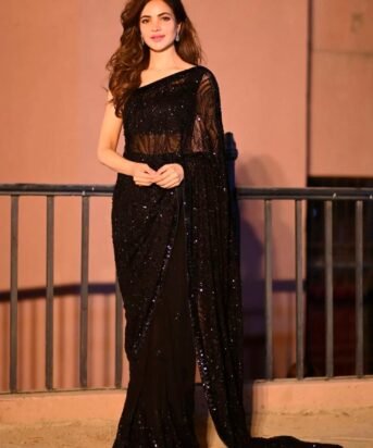 Women's Georgette Black Embellished Designer Saree With Blouse Piece